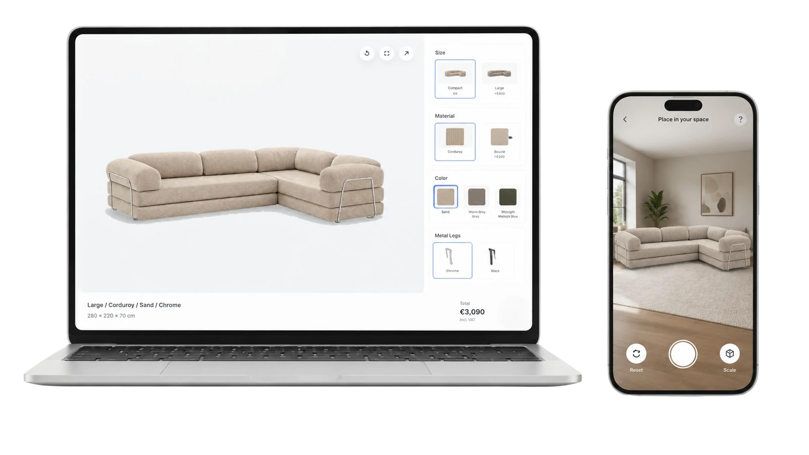 ConfigUX sofa configurator shown on a laptop with an augmented reality product preview on a phone