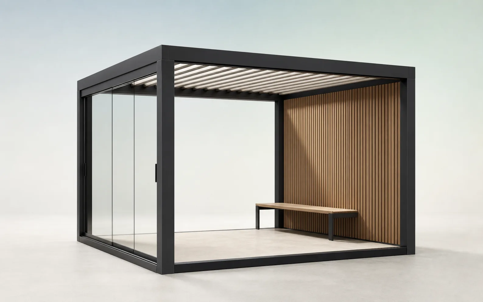 Modular pergola configured with a charcoal frame, glass wall and oak slatted screen