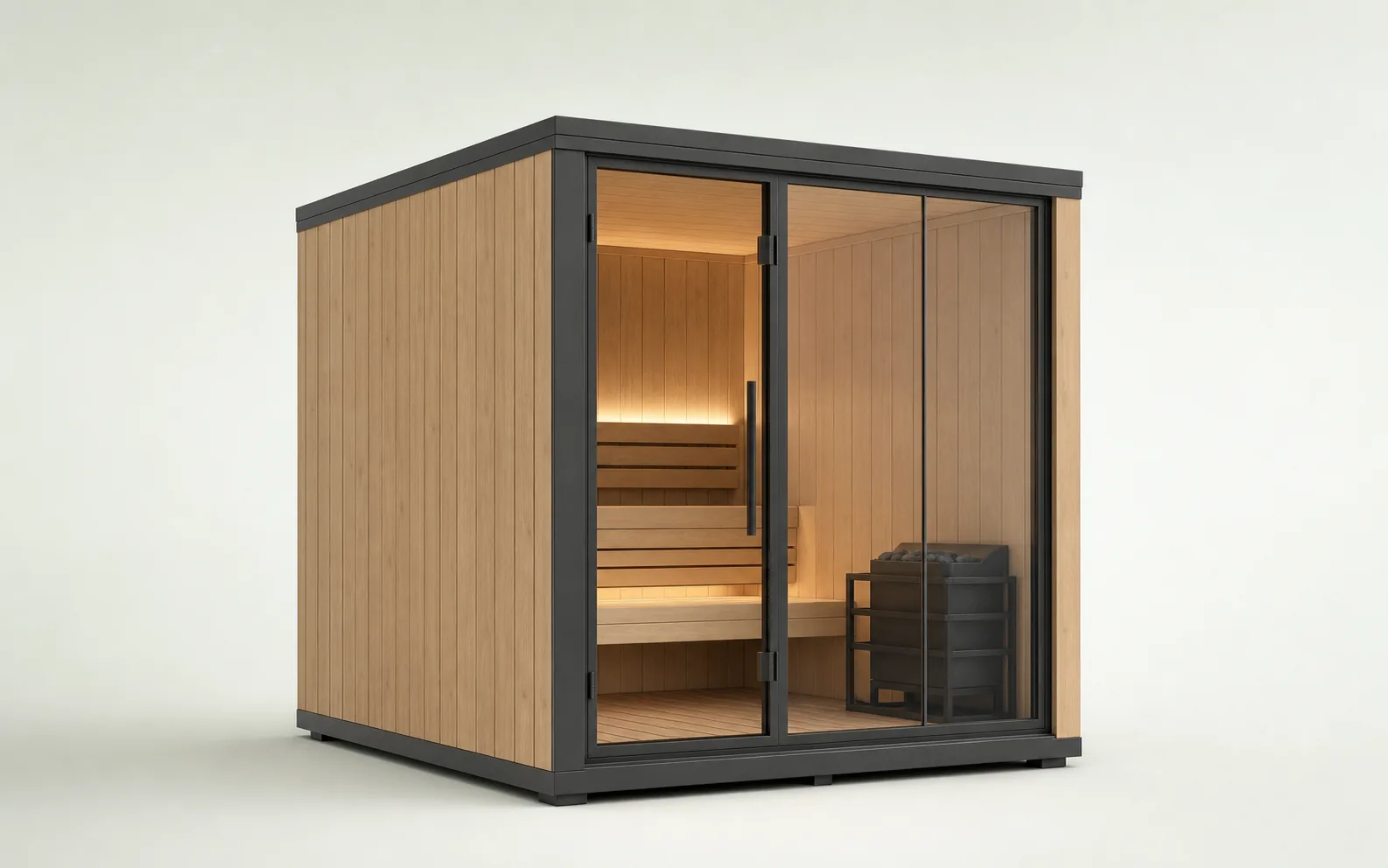 Compact glass-front sauna configured in light oak