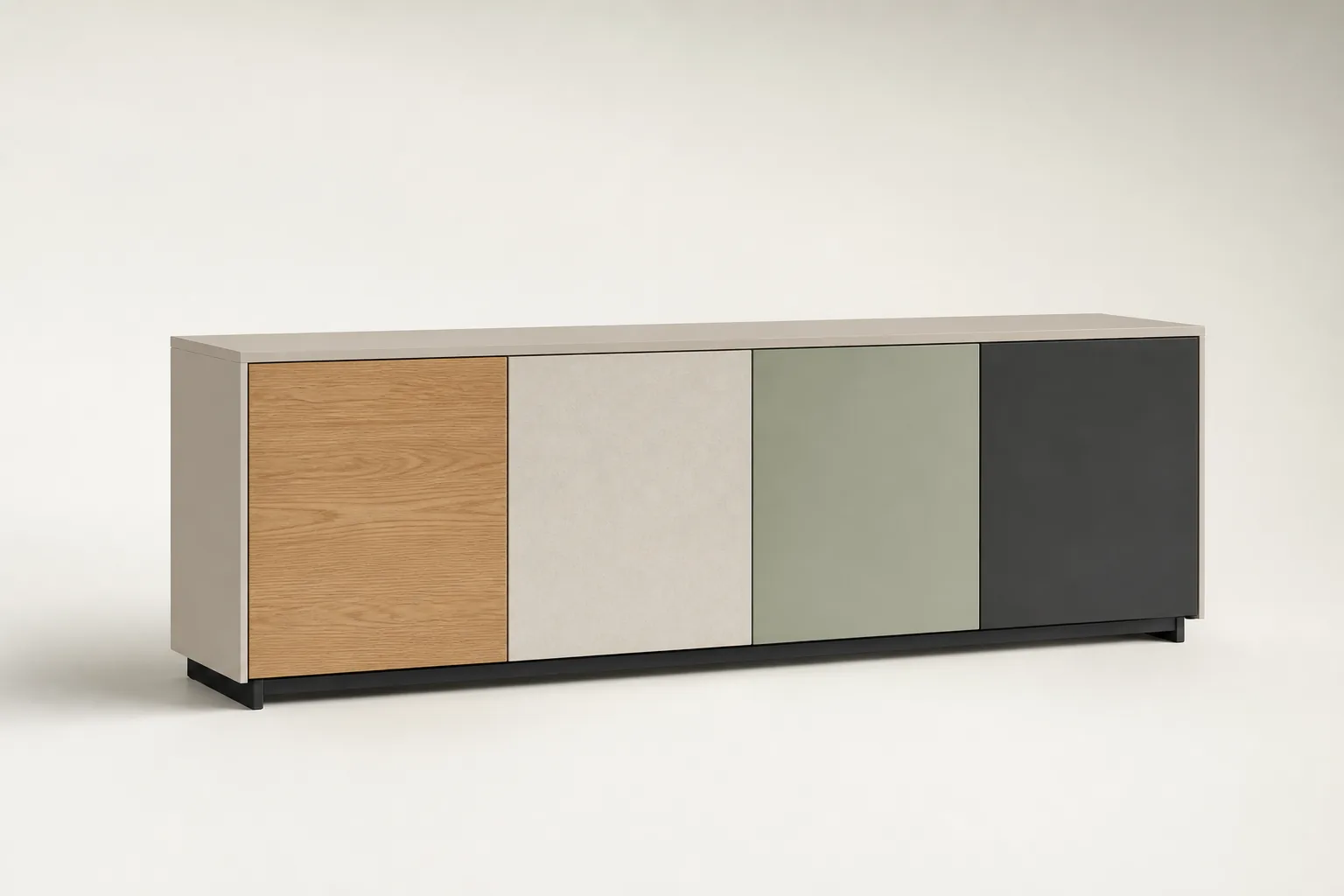 Modular sideboard configured with mixed oak, warm grey, sage and charcoal fronts